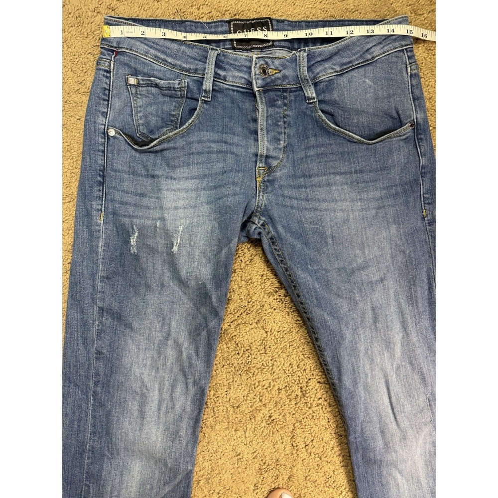 Guess Vermont Slim Straight Jeans Men 29 Blue Distressed‎ Button Fly Low Rise - Picture 6 of 10